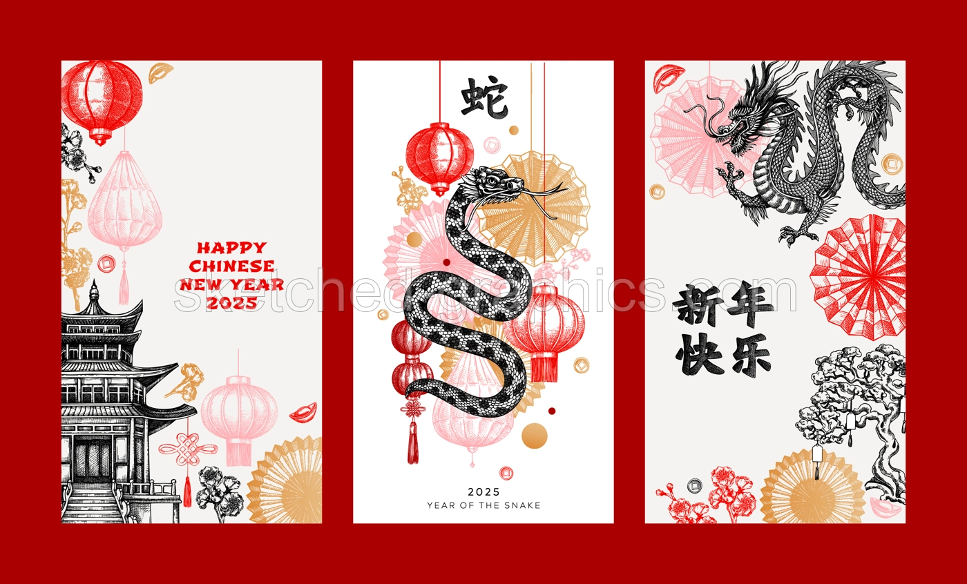 Chinese New Year social media template. Lunar New Year 2025 greeting card. NOT AI generated Illustration
